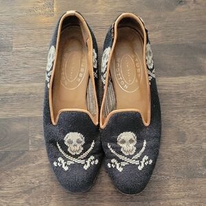 Stubbs & Wootton Embroidered Black and White Loafers W/Skulls